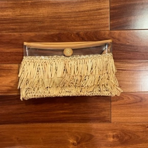 TORY BURCH HANDBAG STRAW CLUTCH TAN CLEAR WITH DUST BAG - Picture 3 of 6